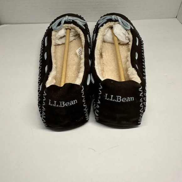 L.L. Bean Hearthside Chocolate Brown Suede Moccasin Slippers with Blue Accents - Picture 4 of 7
